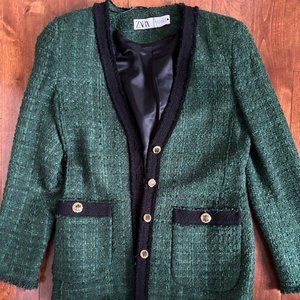 Zara Forest Green and Black Contrast Tweed Blazer
